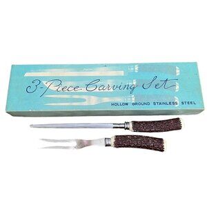 Vintage Hollow Ground Stainless Steel Carving Fork & Sharpener Faux Stag Handles
